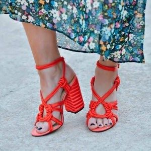 CAbi Tiptoe Rope Hibiscus Red Woven Block Heel Sandal 7